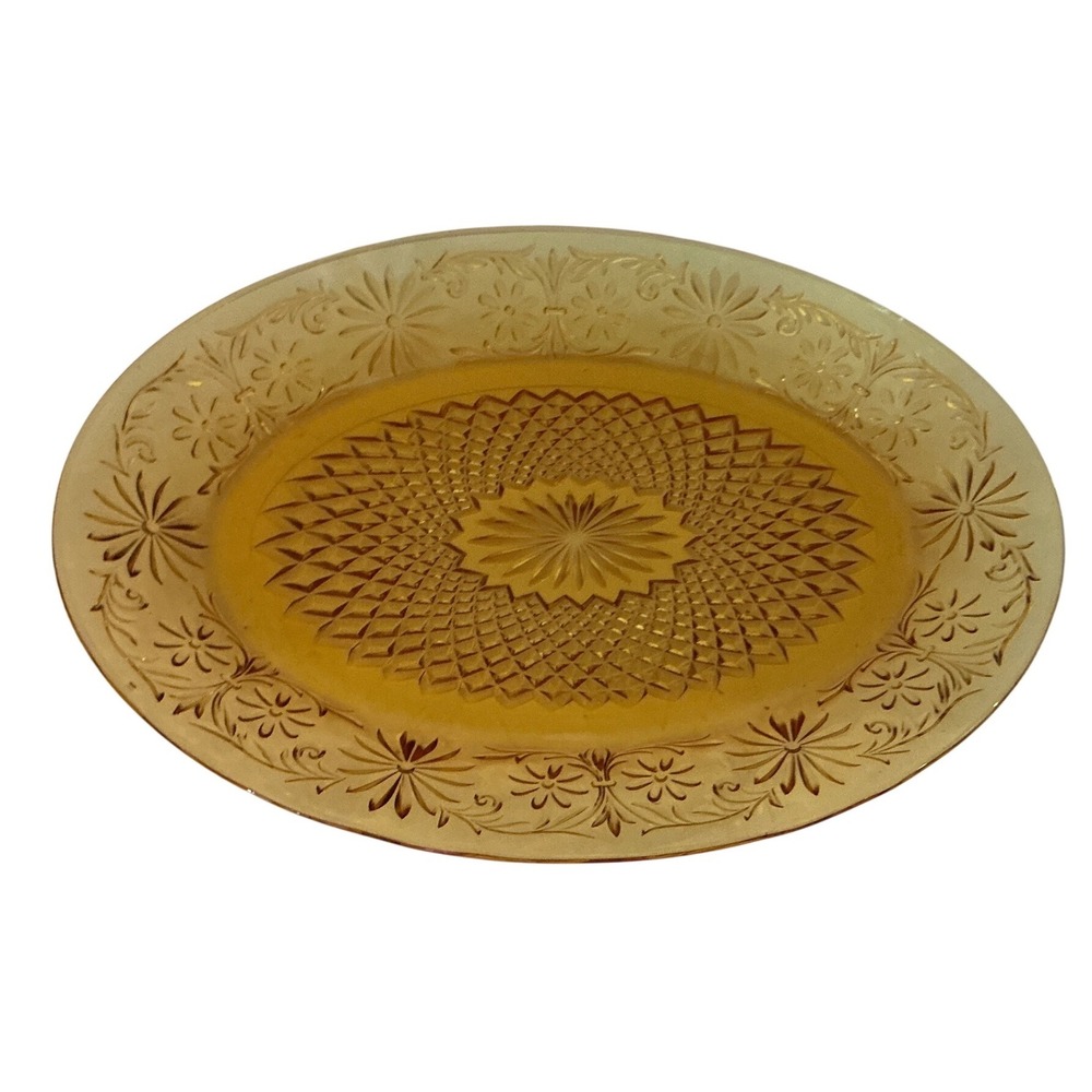 Tiara Vintage Amber Glass Serving Platter Sandwich Pattern Oval Dish 12 Inch